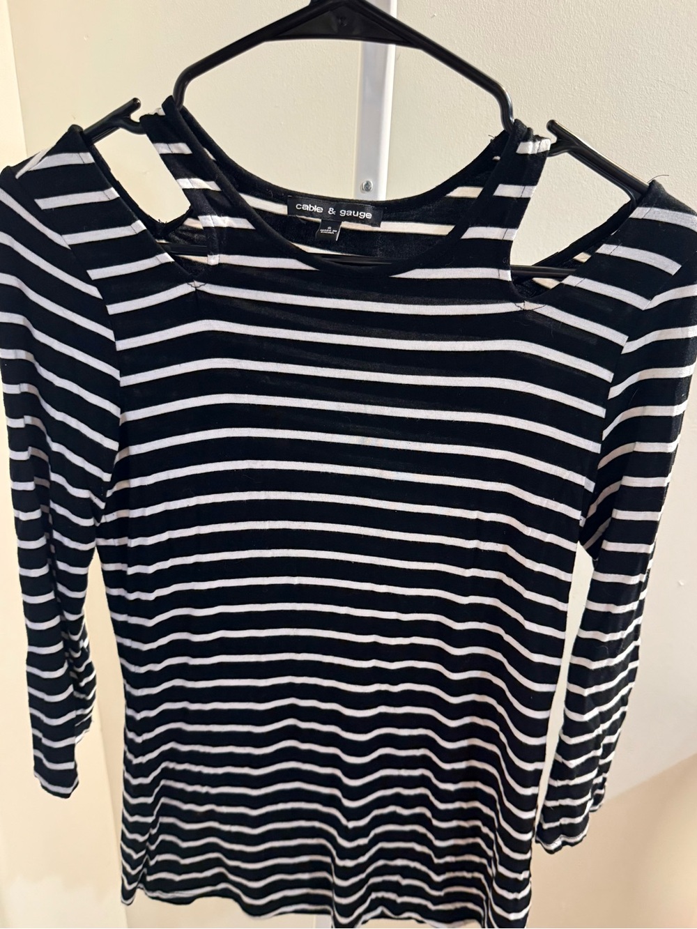 Cable & Gauge Black & White Striped Cold-Shoulder Long Sleeve Top